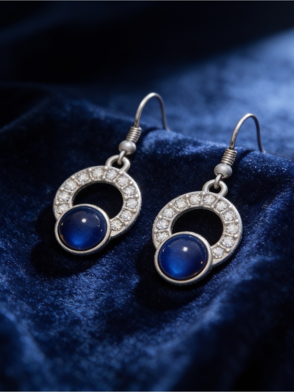 Silver-Tone Blue Crystal Halo Drop Earrings